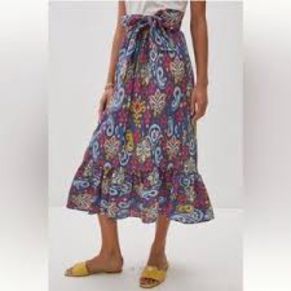 Anthropologie Edith Midi Paisley Skirt with Ruffle Hem and Sash Tie Size Large